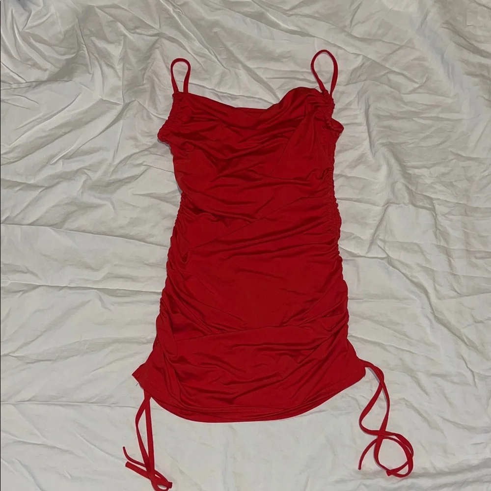 Red Ruched Mini Dress - Picture 3 of 4
